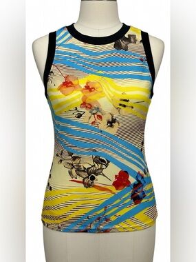 Hapari Blue & Yellow Floral High-Neck One-Piece Swim Tank Sz medium